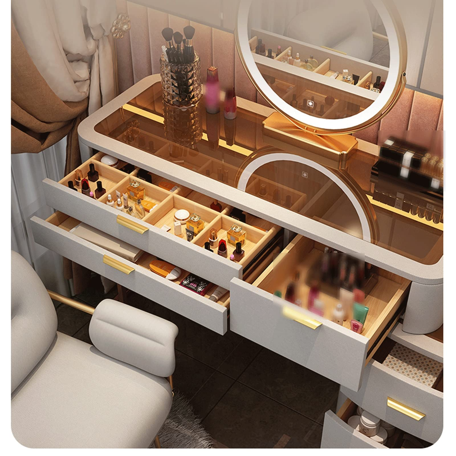 【Furniture】【BS】Nordic Dressing Table with Mirror, Stool & 3 Light Effect LED Mirrors, Golden Iron Dresser