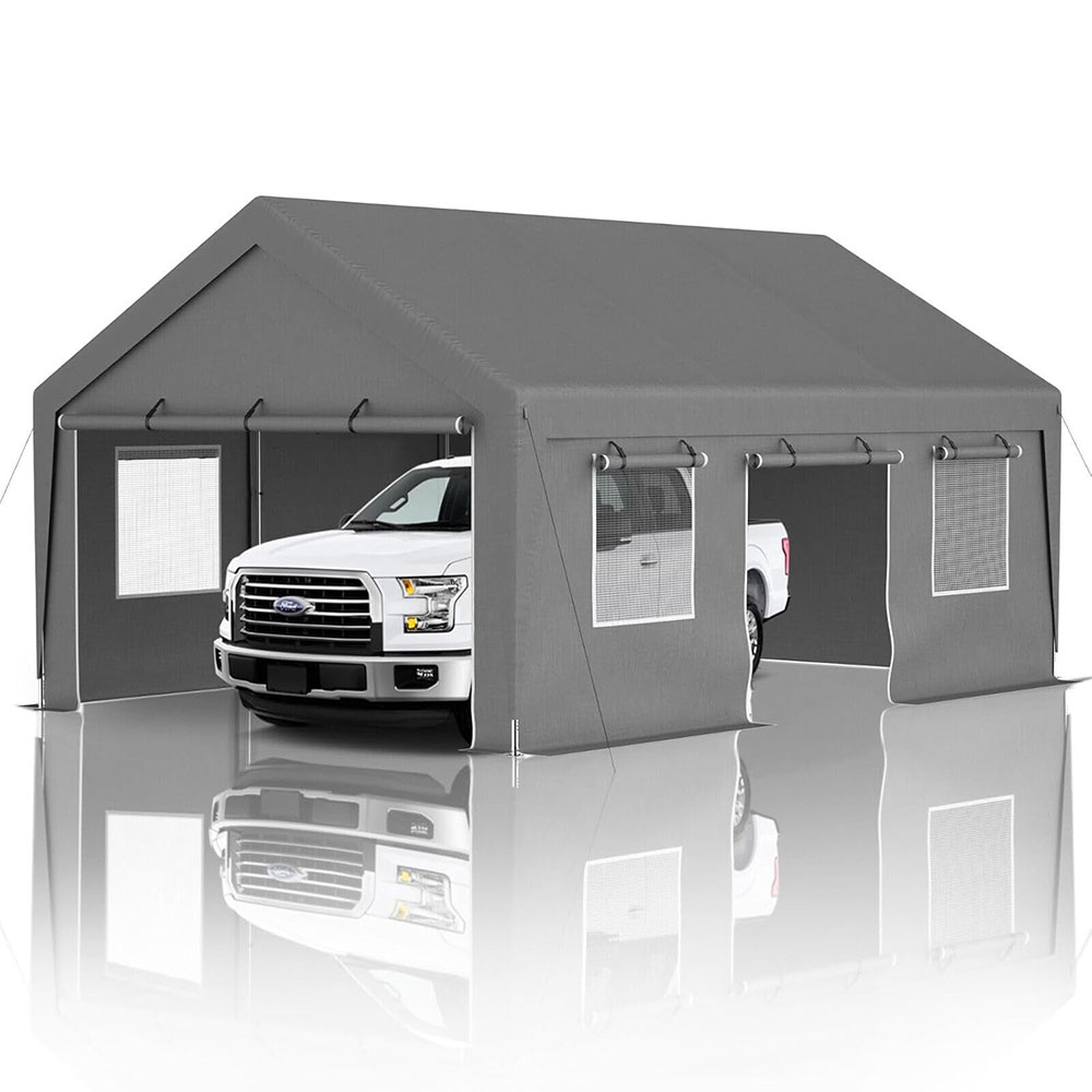 Garage carport with roll-up ventilation window, car shelter with side tarpaulin, suitable for cars, trucks, boats