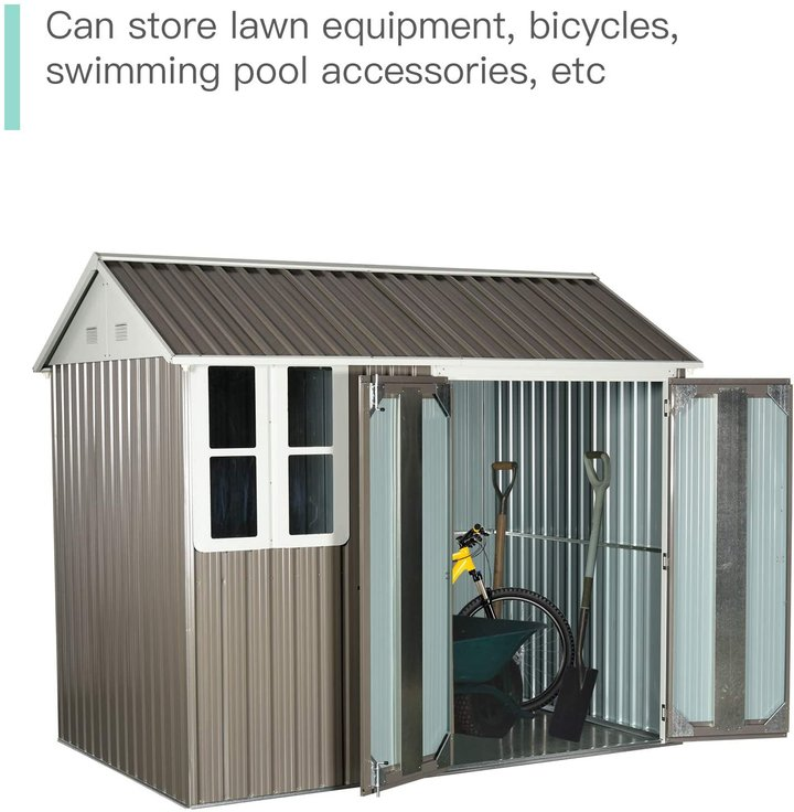 Outsunny 845-331 8 x 6 ft Corrugated Metal Shed w/Double Door Window Sloped Roof Outdoor Equipment Tool Storage Garden Grey