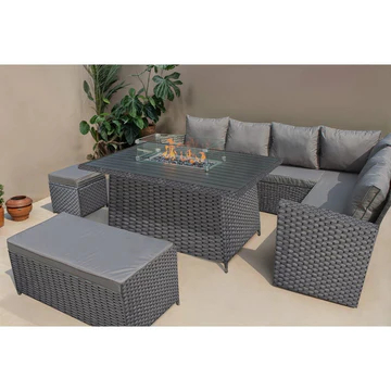 ROSEN 9 SEATER FIRE PIT RATTAN GARDEN FURNITURE CORNER DINING SOFA SET IN GREY