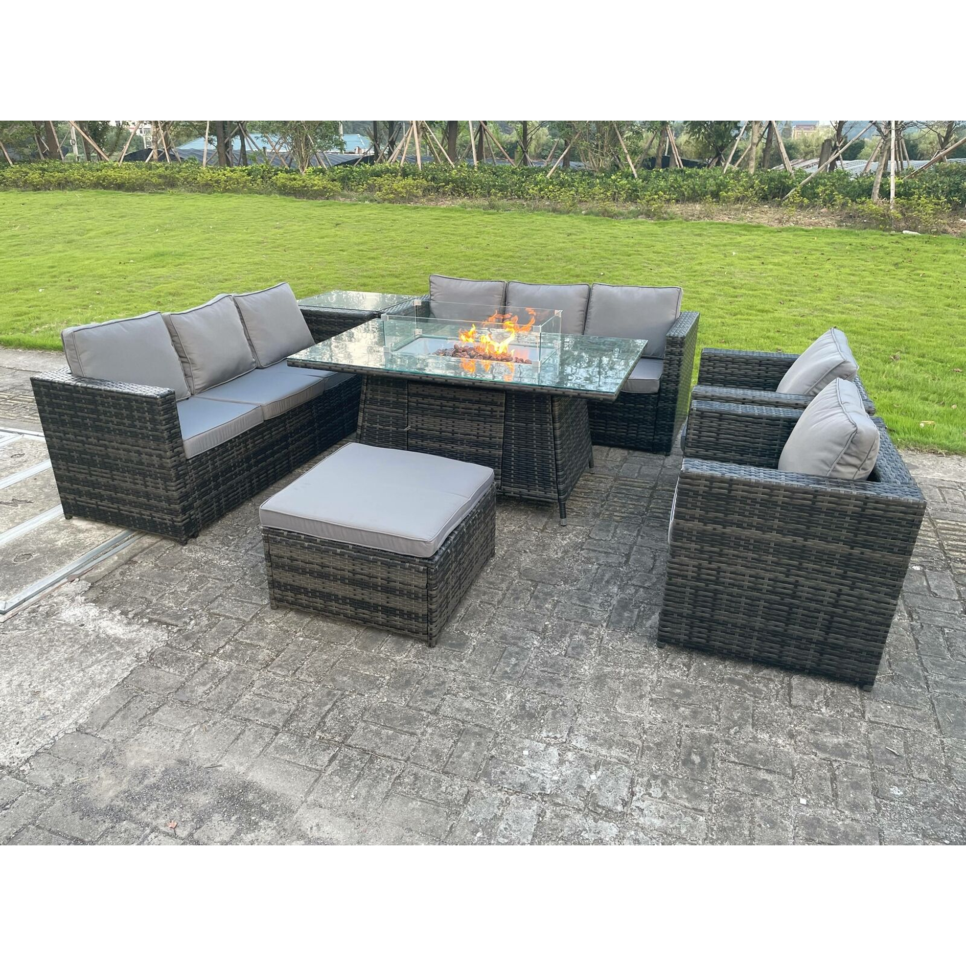 Outdoor Rattan Garden Furniture Gas Fire Pit Table Setting Recliner