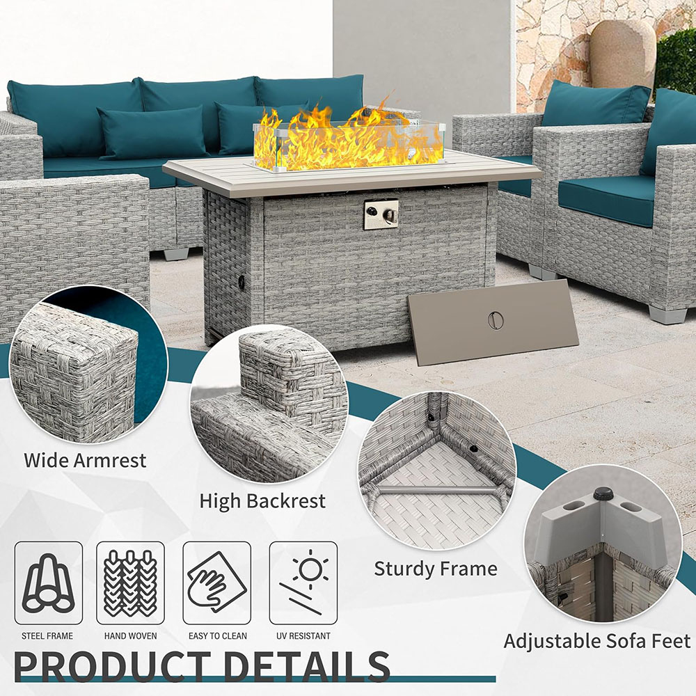 WAROOM patio furniture set 6 piece modular sofa PE rattan reception set with fire pit table