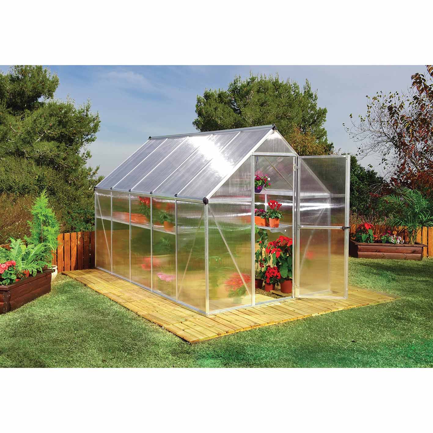Palram Canopia Mythos 6x10 Silver Greenhouse -TwinWall Polycarbonate, Aluminum Frame, Base Included