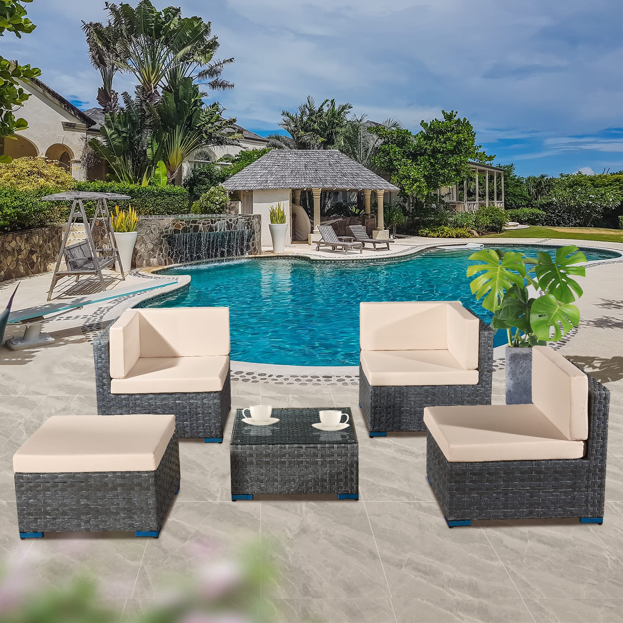 ASOWNSUN Rattan Garden Furniture Sets 4 Seater Patio Sofas with Coffee Table, Cushions, All-weather Outdoor Corner Sofa Patio Conversation Sets,Outdoor Furniture Sets Table Sofa Chair