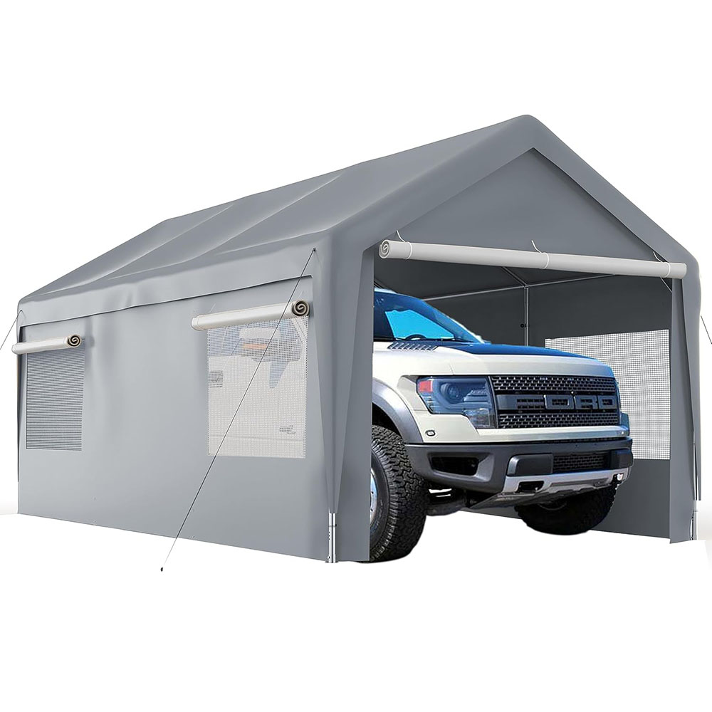 Garage carport with roll-up ventilation window, car shelter with side tarpaulin, suitable for cars, trucks, boats