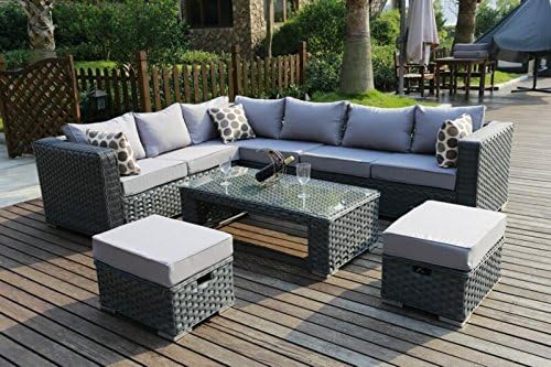 YAKOE 50020 Papaver Conservatory Modular 9 Seater Rattan Corner Garden Sofa Furniture Set - Grey