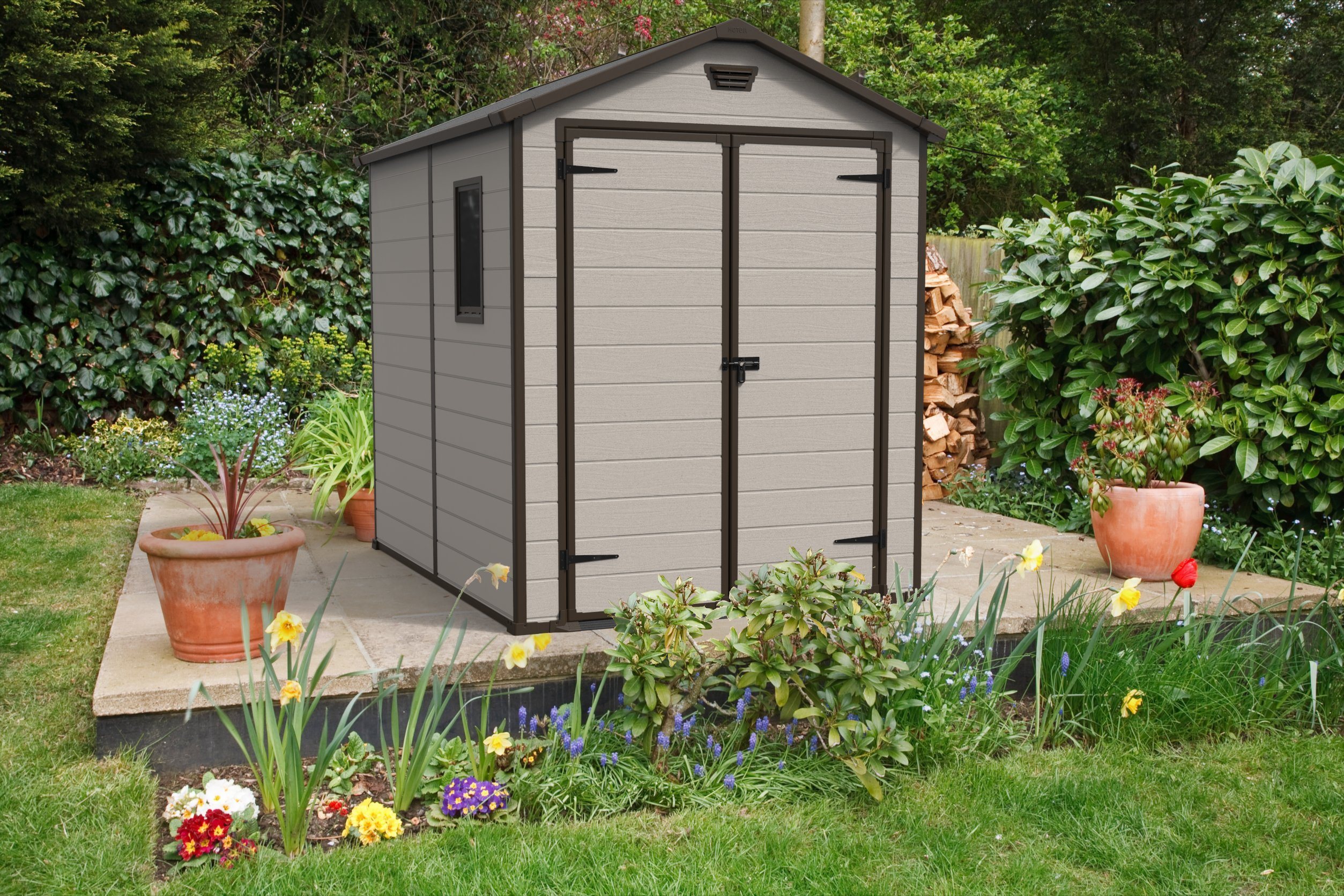 6x8 ft Keter Manor Outdoor Garden Storage Shed, Beige