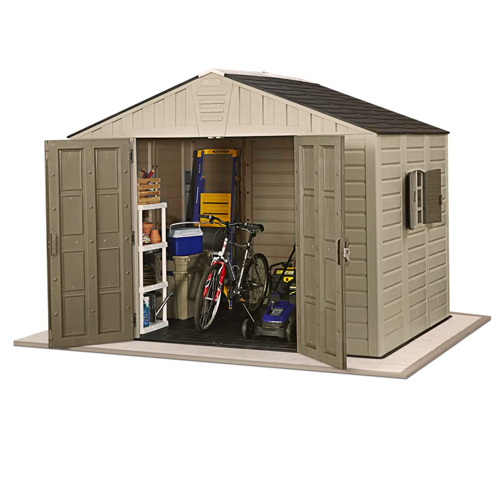 【Storage Shed】10x8 Large Resin Outdoor Shed for Patio Furniture, Lawn Mower, and Bike Storage, Taupe